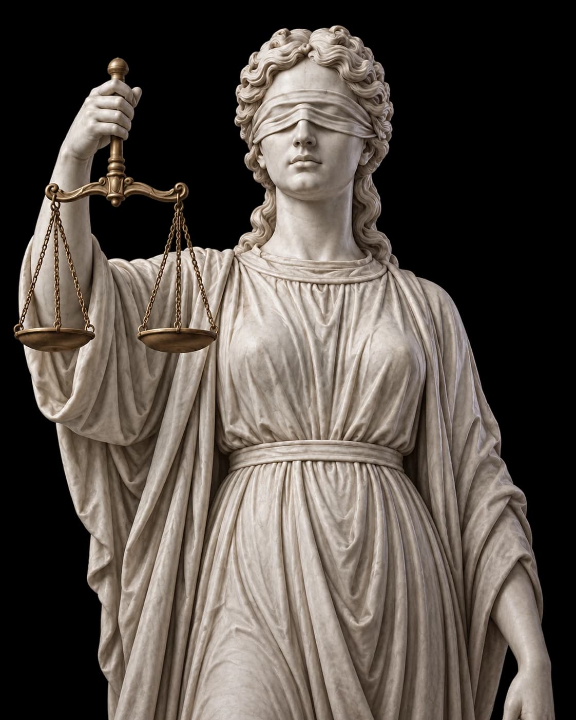 Escultura de Têmis, com venda e balança da justiça, iluminada em violeta.